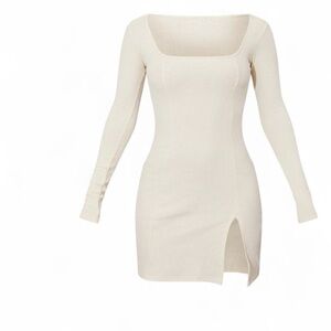 PrettyLittleThing Cream Bodycon Ribbed Dress Long Sleeve Square Neck